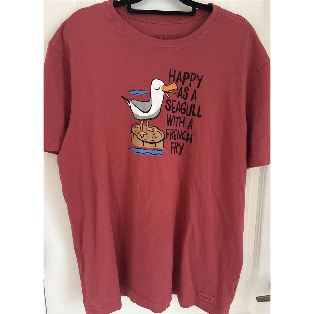 Life is Good Mens Crusher Tee Shirt Red Happy As A Seagull With A French Fry XL